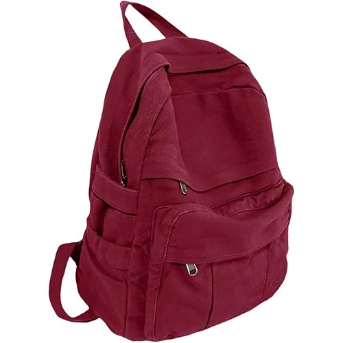 Burgundy Red Canvas Backpack for Women Retro Aesthetic Rucksack Basic Backpack for High School/College Students Travel Laptop Bag