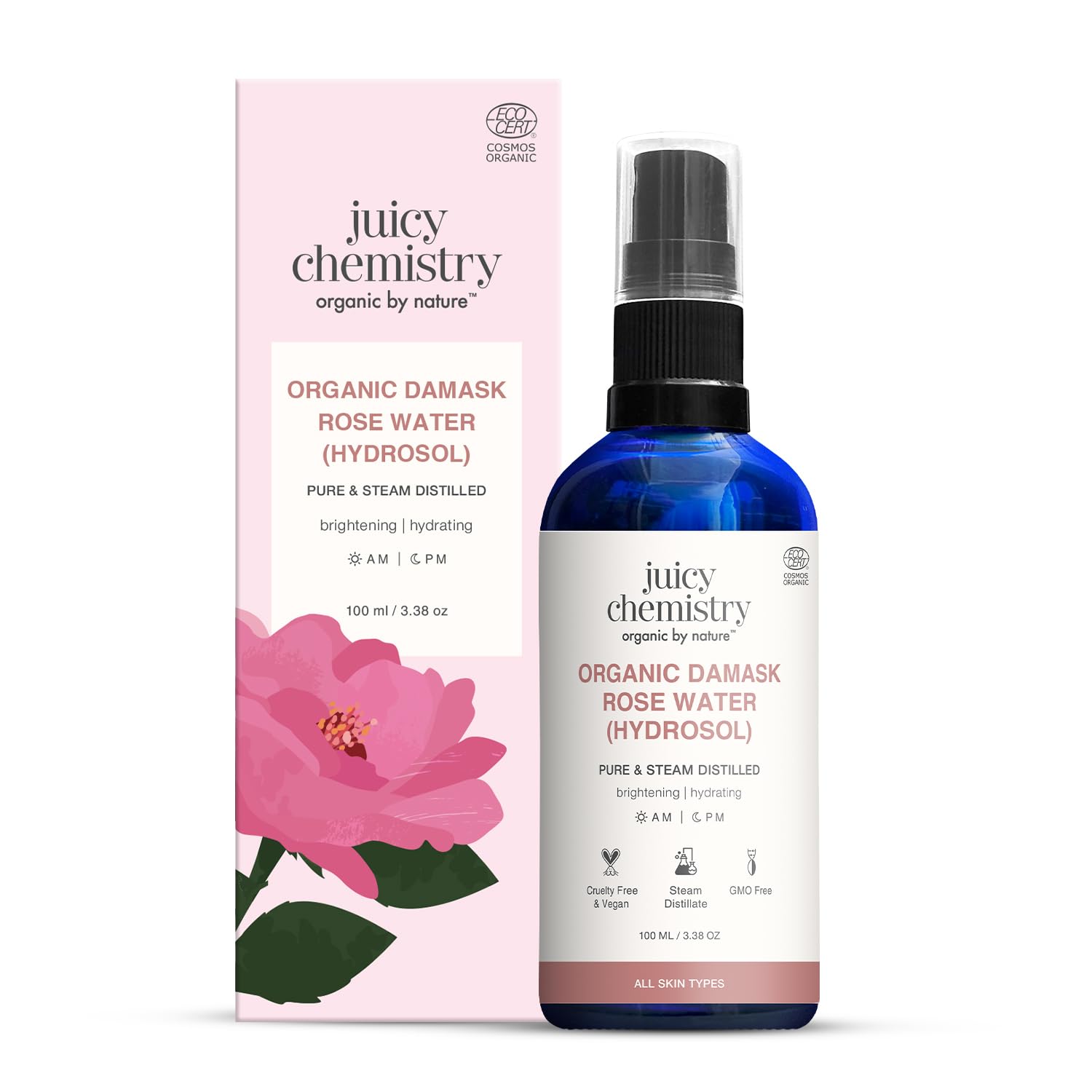 Juicy ChemistryOrganic Rose Water Face Toner for Glowing, Brighter and Hydrated Skin Made with Bulgarian Damask Roses Clinically Tested Transparent 100 ml
