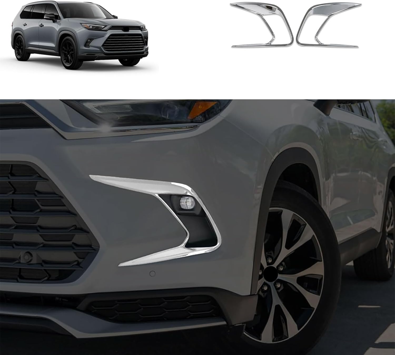 Front Fog Lights Covers Compatible With Toyota New Grand Highlander 2024 2025 2026 Fog Lamp Frame Trim Replacement Exterior Car Accessories ABS 2PCS(Glossy Chrome Style)