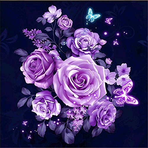 MXJSUA DIY 5D Diamond Painting by Number Kits Full Drill Rhinestone Pictures Arts Craft Home Wall Decor Purple Flash Rose 12x12inch