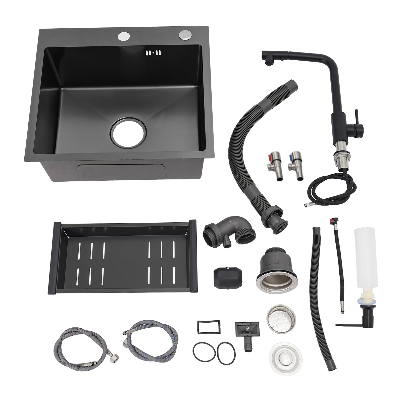 Évier Noir 50x45cm, Évier de Cuisine avec Robinet Extractible, 1 Cuvette Évier en Acier Inoxydable à Encastrer avec Égouttoir, Distributeur de Savon, Robinet Eau Chaude/Froide