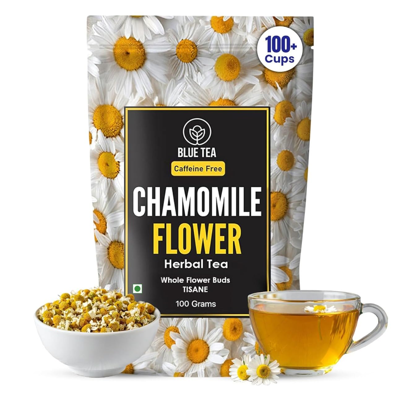 BLUE TEA - Chamomile Tea For Sleep - 100 gm -100 Cups | SLEEP & RELAXATION | Herbal Tea - Caffeine Free - Flower Based - Non-Bitter - Non-GMO | Featured In Shark Tank | Zipper Pack