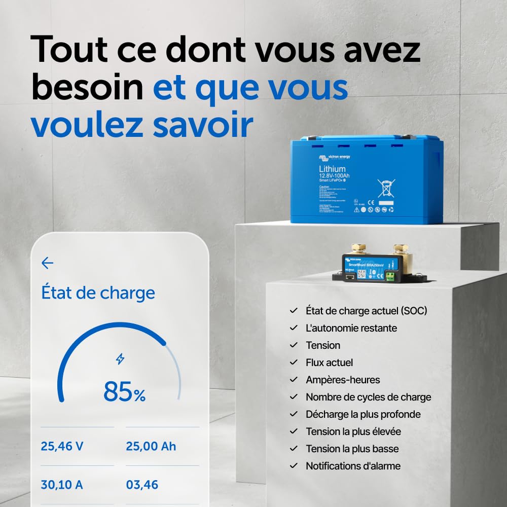 Victron Energy SmartShunt 500 Amp Moniteur de Batterie (Bluetooth) | Victron Smart Shunt avec Bluetooth - Informations détaillées dans l'application