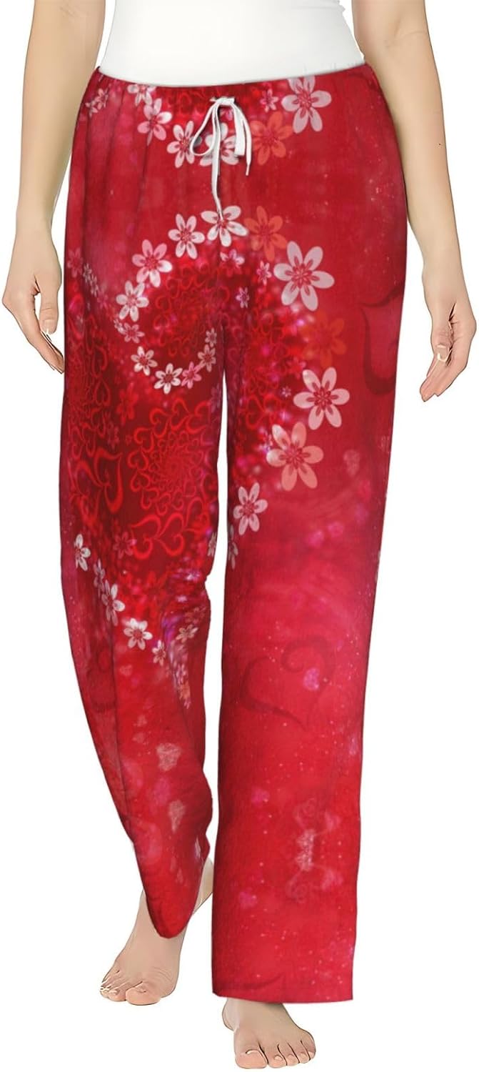 Valentine'S Day Reds Heart Flower Print Cozy Christmas Pajama Pants,Flannel Pajama Bottoms,Cater To Various Body Types