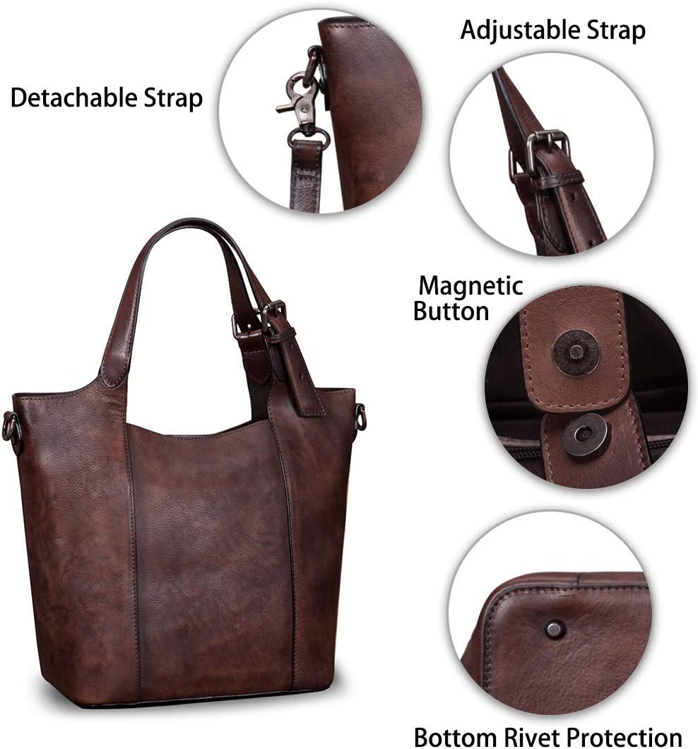 Genuine Leather Handbag for Women Vintage Handmade Shoulder Bag Purse Tote Cowhide Satchel Crossbody Top-Handle Bag (Coffee) - Image 6