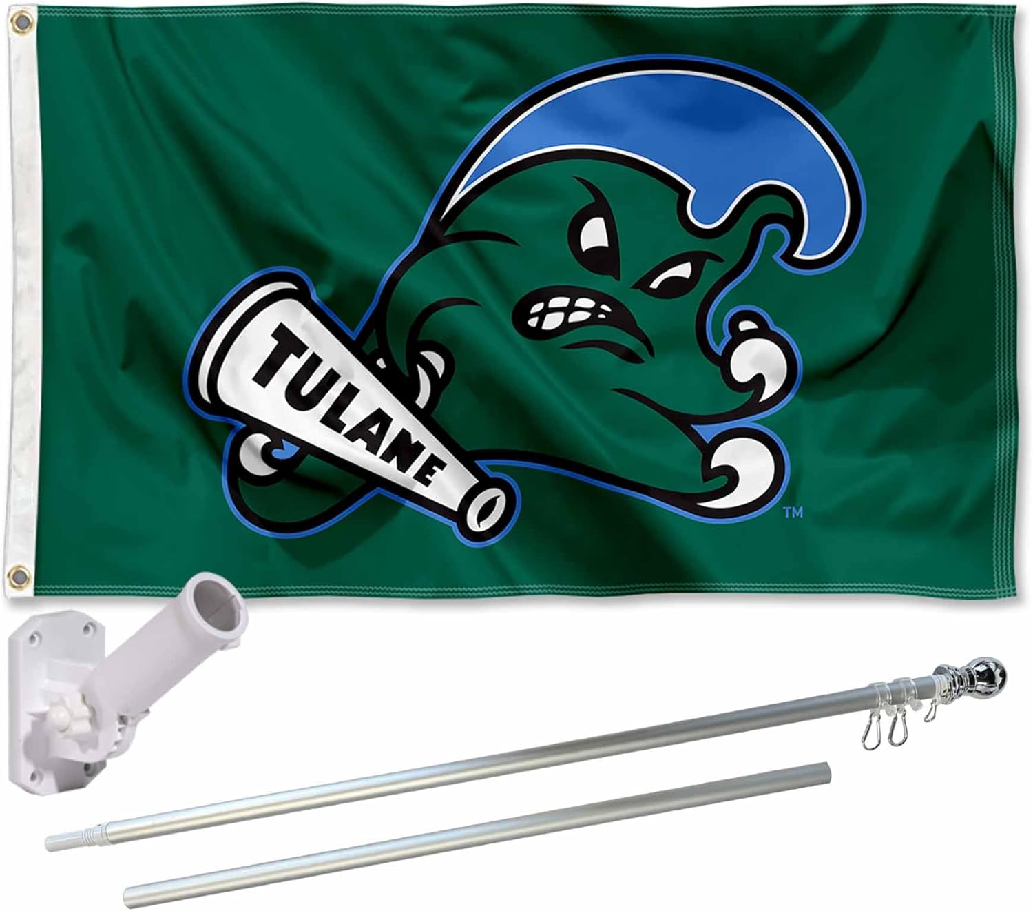Tulane Green Wave Angry Wave Flag with Pole and Bracket Complete Set