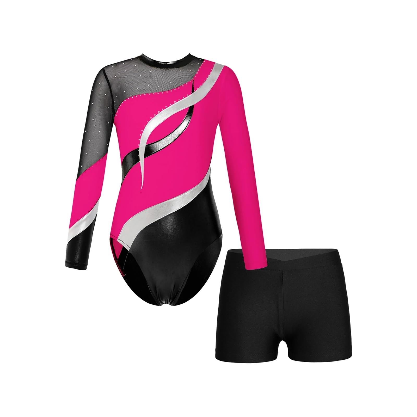 Gymnastikanzug Kinder Mädchen Kinder-Mädchen-Langarm-Gymnastik-Trikot mit glänzenden Strasssteinen und Shorts, Tanzbekleidungs-Sets for Tanzwettbewerb, Skating-Body(Hot Pink,8)