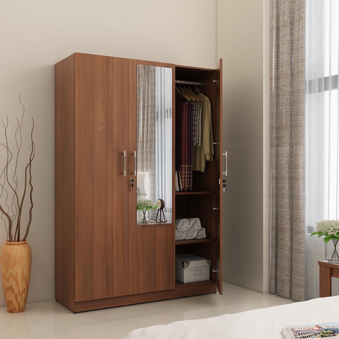 Spacewood Optima Wardrobe | 3 Year Warranty | Almirah, Cupboard, Almari, 3 Door Wardrobe with Mirror, 2 Hanging Space|Engineered Wood| Walnut Rigato