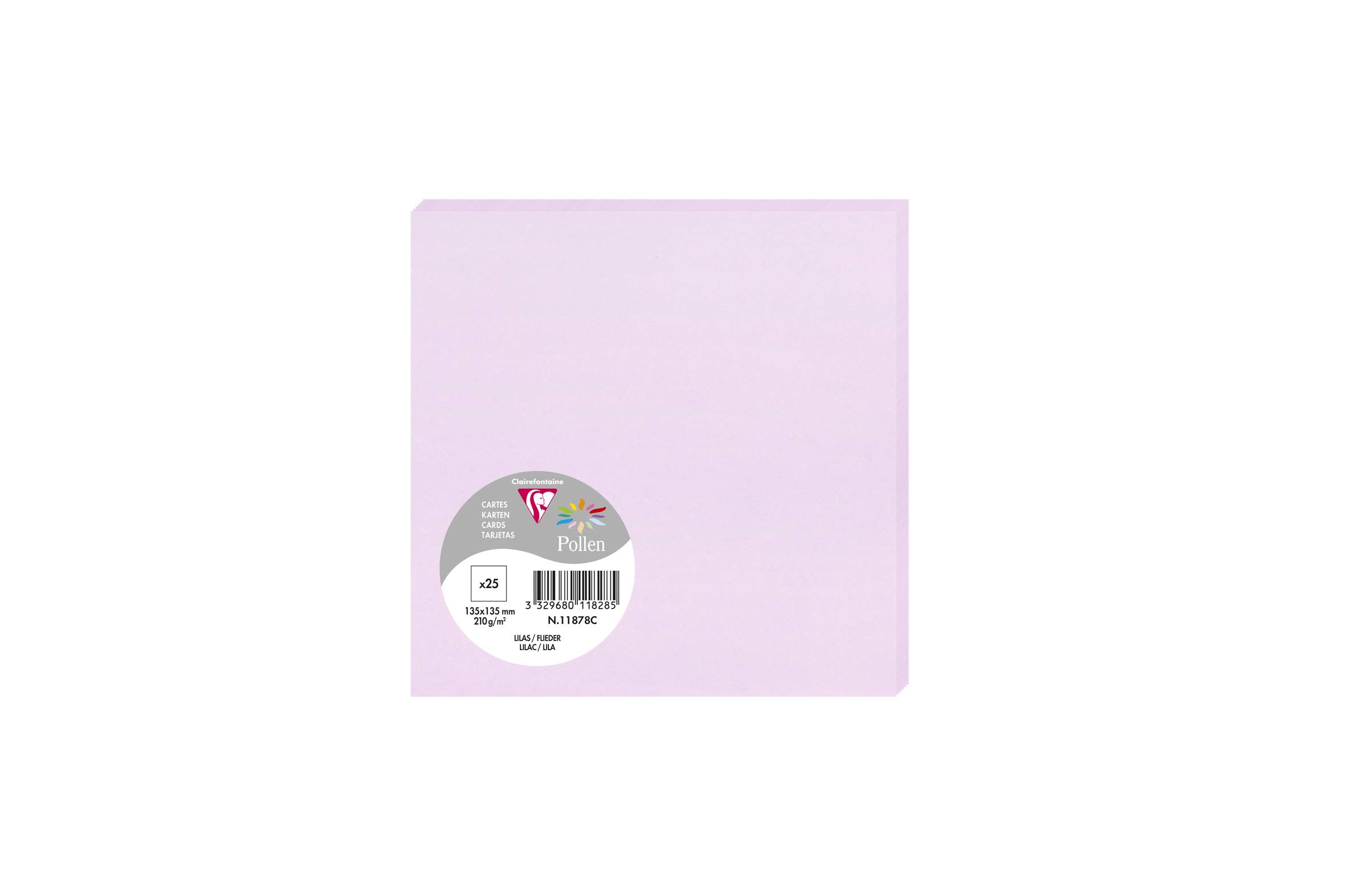 Clairefontaine 11878C Pack of 25 Plain Cards Square Format 13.5x13.5cm 210gsm Lilac colour Invitation Correspondence Board Pollen Range Smooth Premium Paper