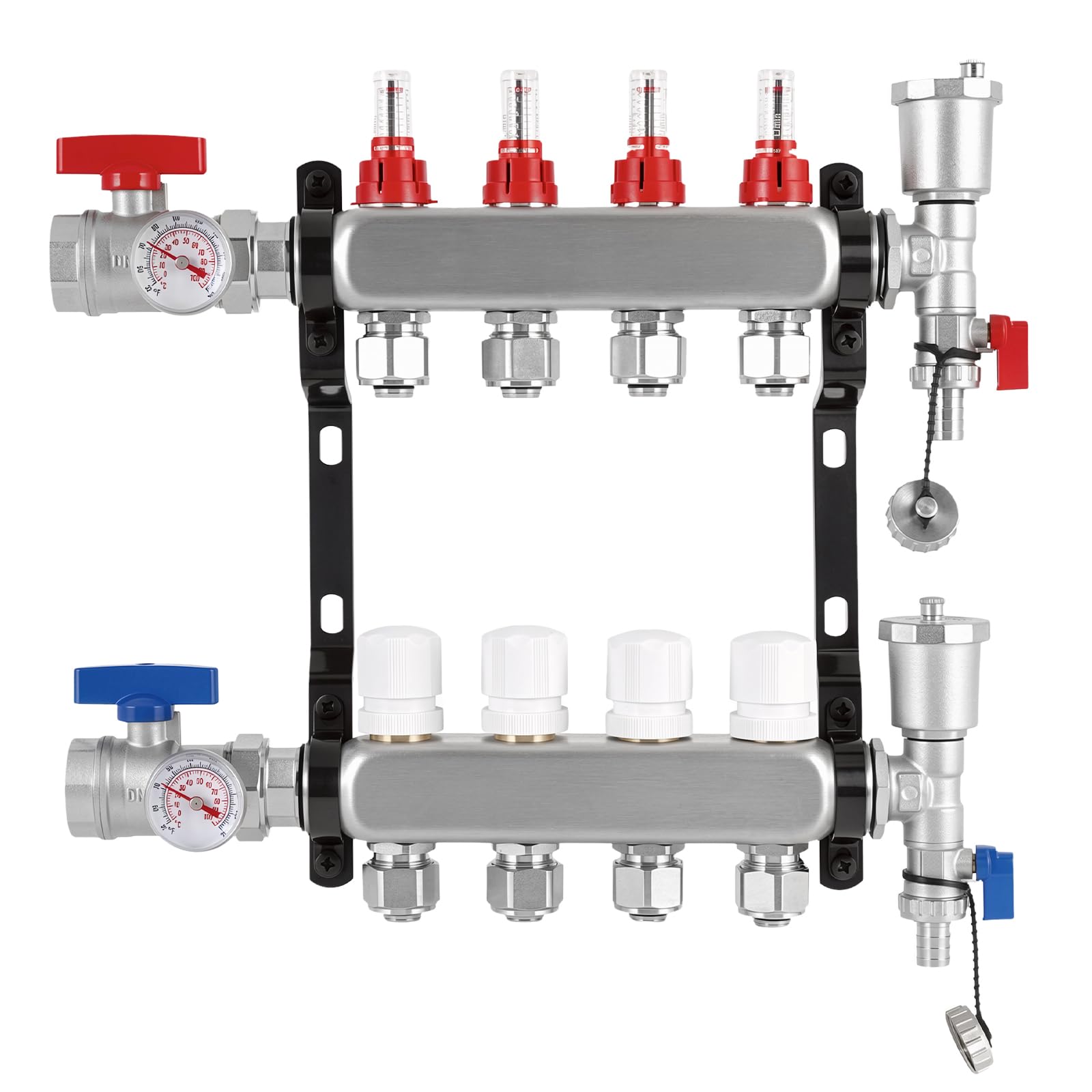 YUCHENGTECH Collettore Riscaldamento a Pavimento in Acciaio Inox 4 Circuiti | Con Eurocone 3/4 (16 x 2 mm), Distributore Circuito Riscaldamento Kit Collettore PEX con Flussometro e Valvole