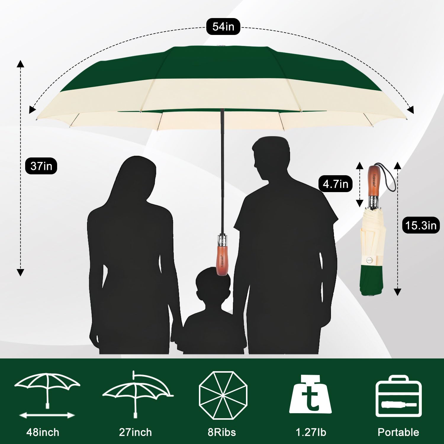 Lejorain Grand parapluie pliable pour la pluie – Parapluie de golf pliable et coupe-vent pour adultes – 137,2 cm – Parapluie robuste à ouverture automatique
