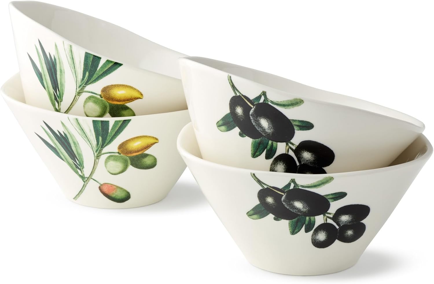 Certified International Olivia 22-Ounce Stoneware Ice Cream Bowl Set of 4 - Elegant Mediterranean Olive Branch Print with Vibrant Green and Golden Accents, Perfect for Desserts, Fruit, and Snacks