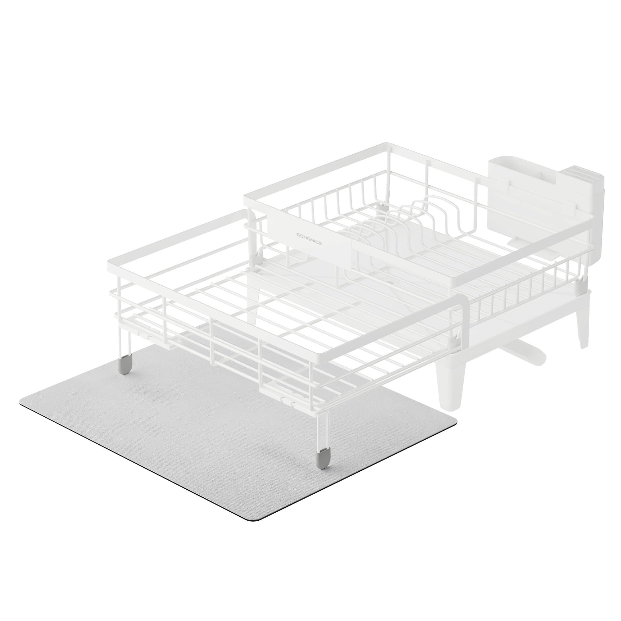 SONGMICS Abtropfgestell Geschirr, Geschirr-Abtropfständer, 360° drehbarer und ausziehbarer Ablauf, Abtropfschale, Besteckhalter, Küche, (31-56) x 42 x 20 cm, mattweiß-Taubengrau KCS552W01