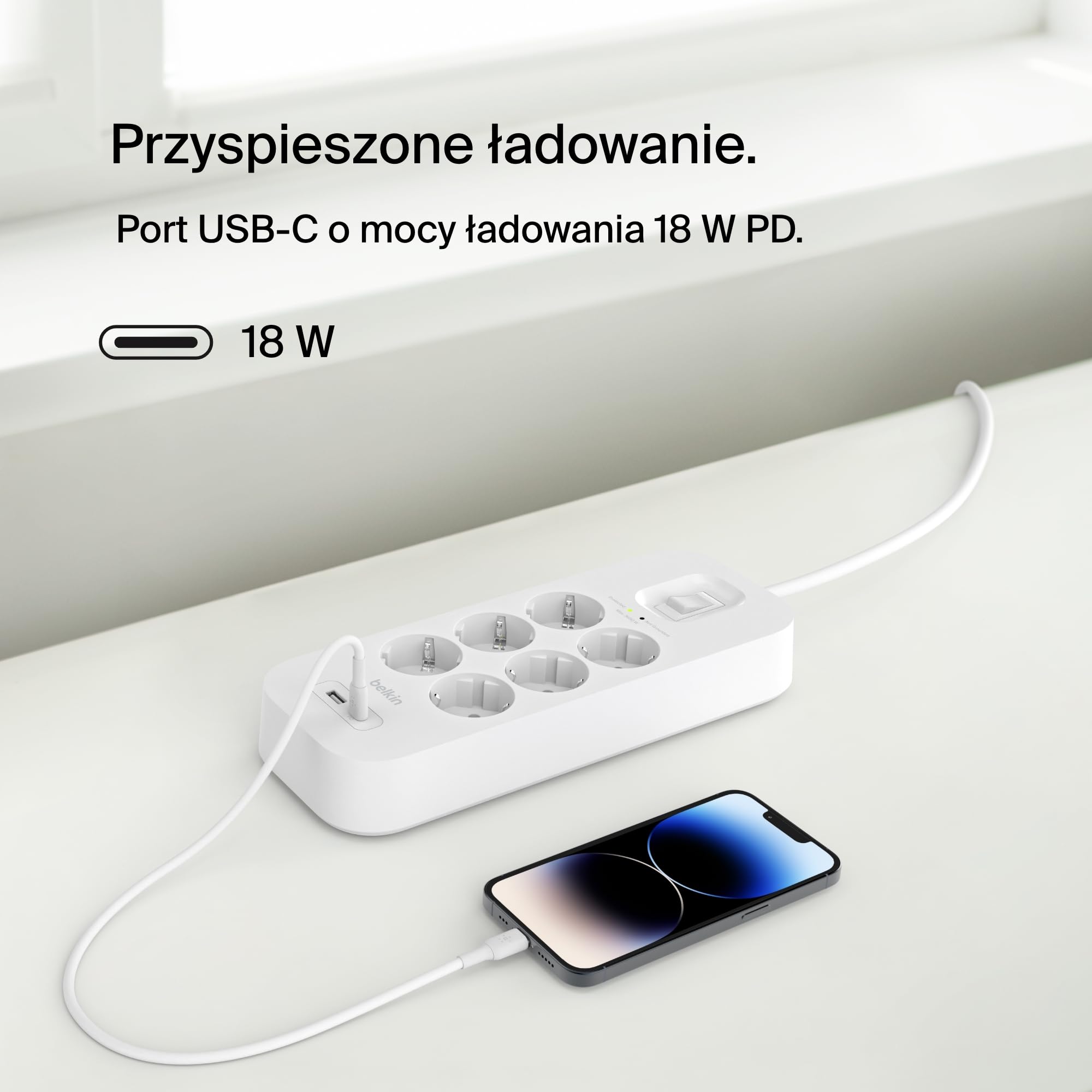 Belkin Listwa przeciwprzepięciowa z 6 gniazdami, montaż na ścianie, 6 gniazd AC, kabel 2 m i zielony wskaźnik świetlny – port USB-C i port USB-A z szybkim ładowaniem USB-C PD – poziom ochrony 650 J