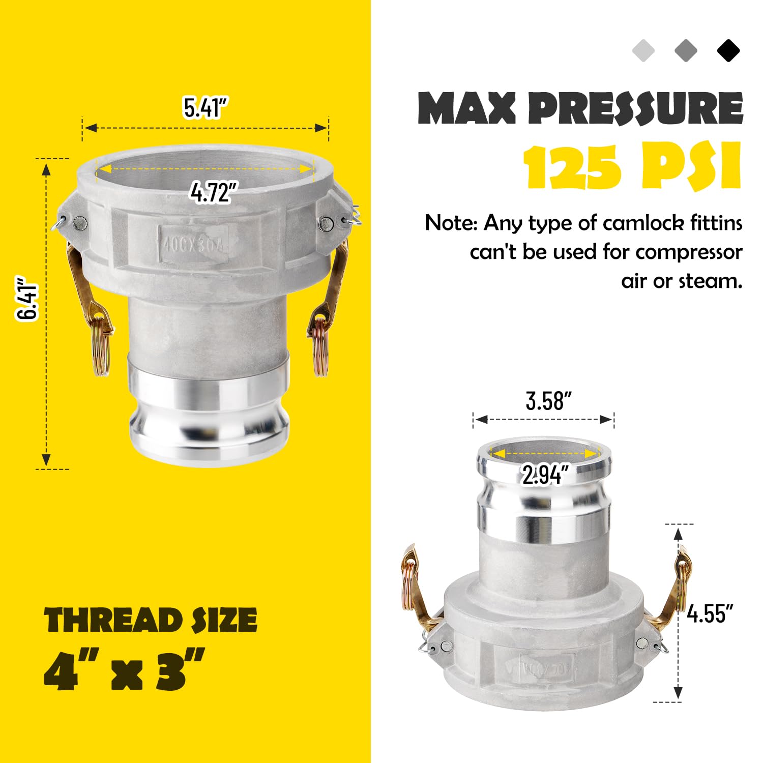 DA4030 - Acoplamiento de manguera de leva y ranura tipo DA, Camlock hembra de 4 pulgadas x 7.6 cm macho Camlock, 125 PSI, material de aluminio