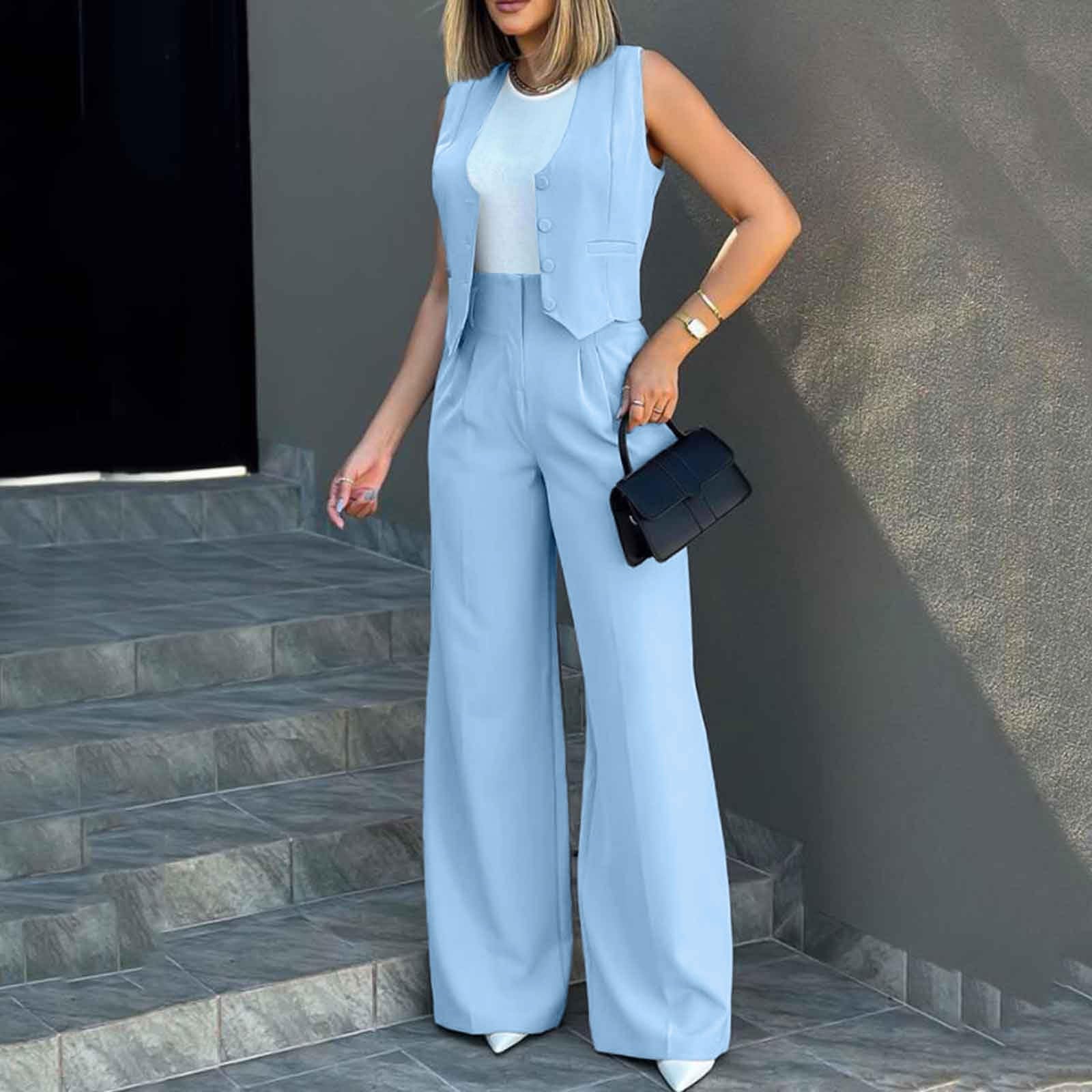 Conjunto de 2 piezas de blazer formal de algodón y lino, ajustado, sin mangas, chaleco con botones, pantalones de pierna ancha, conjunto de blazer, traje de chaleco y pantalones, trajes de trabajo
