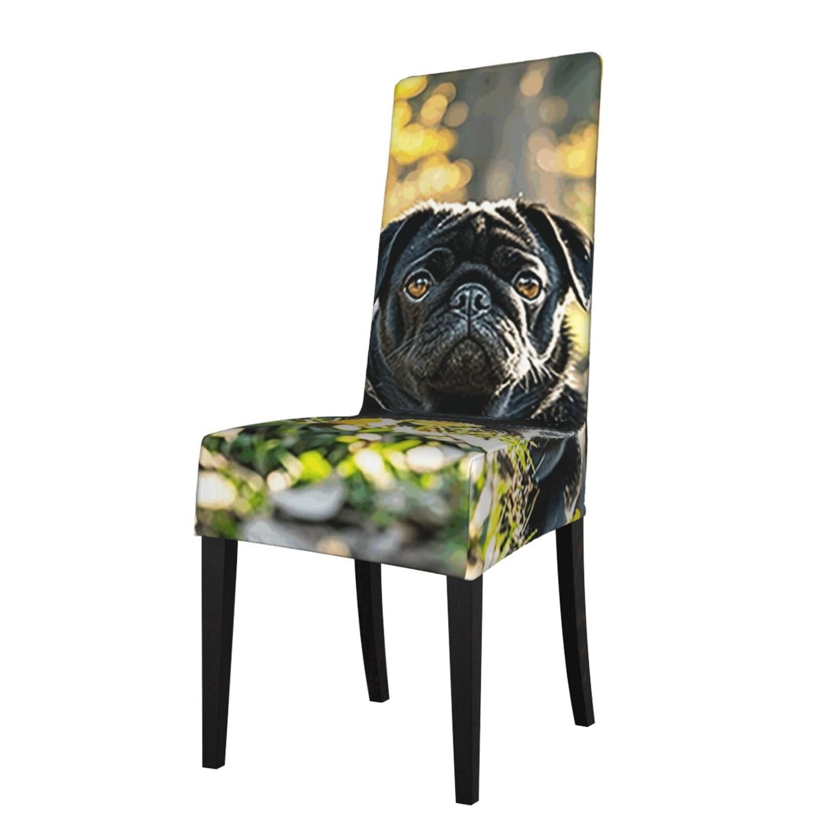 Fodpand Black Cute Pug Dog Dining Room Chair Cover Stretch Parsons Chair Slipcovers Removable Washable Chair Protectors Cover High Elastic Seat Protector For Home,Kitchen, Hotel, Banquet