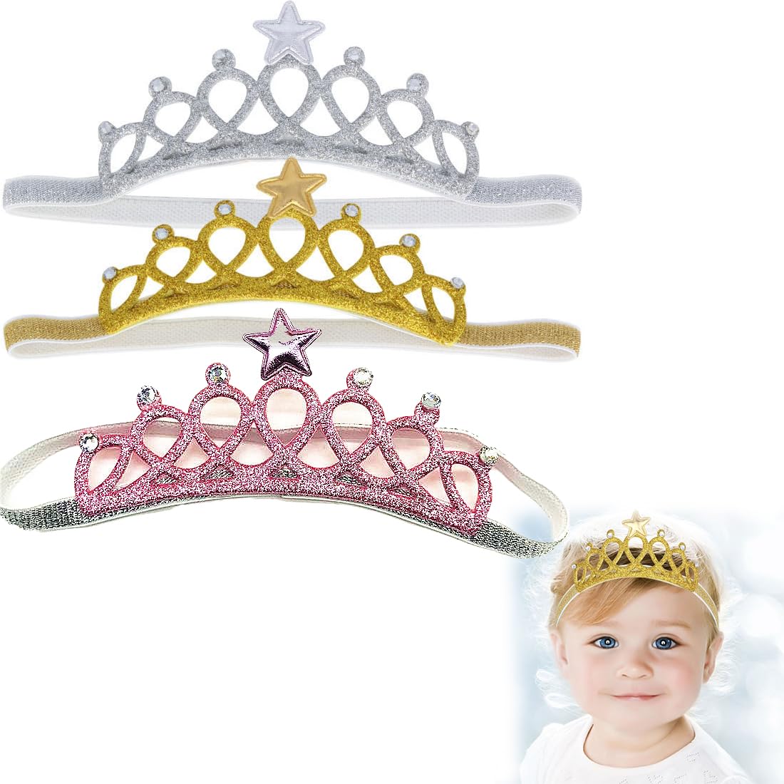3 Pezzi Fascia Capelli Neonata, Corona Principessa Fascia, Corona Fascia Neonato, Accessori per Bambina, Per Compleanni, Feste, Morbido, Cotone, Elastico, Grazioso(Oro, Argento, Rosa)