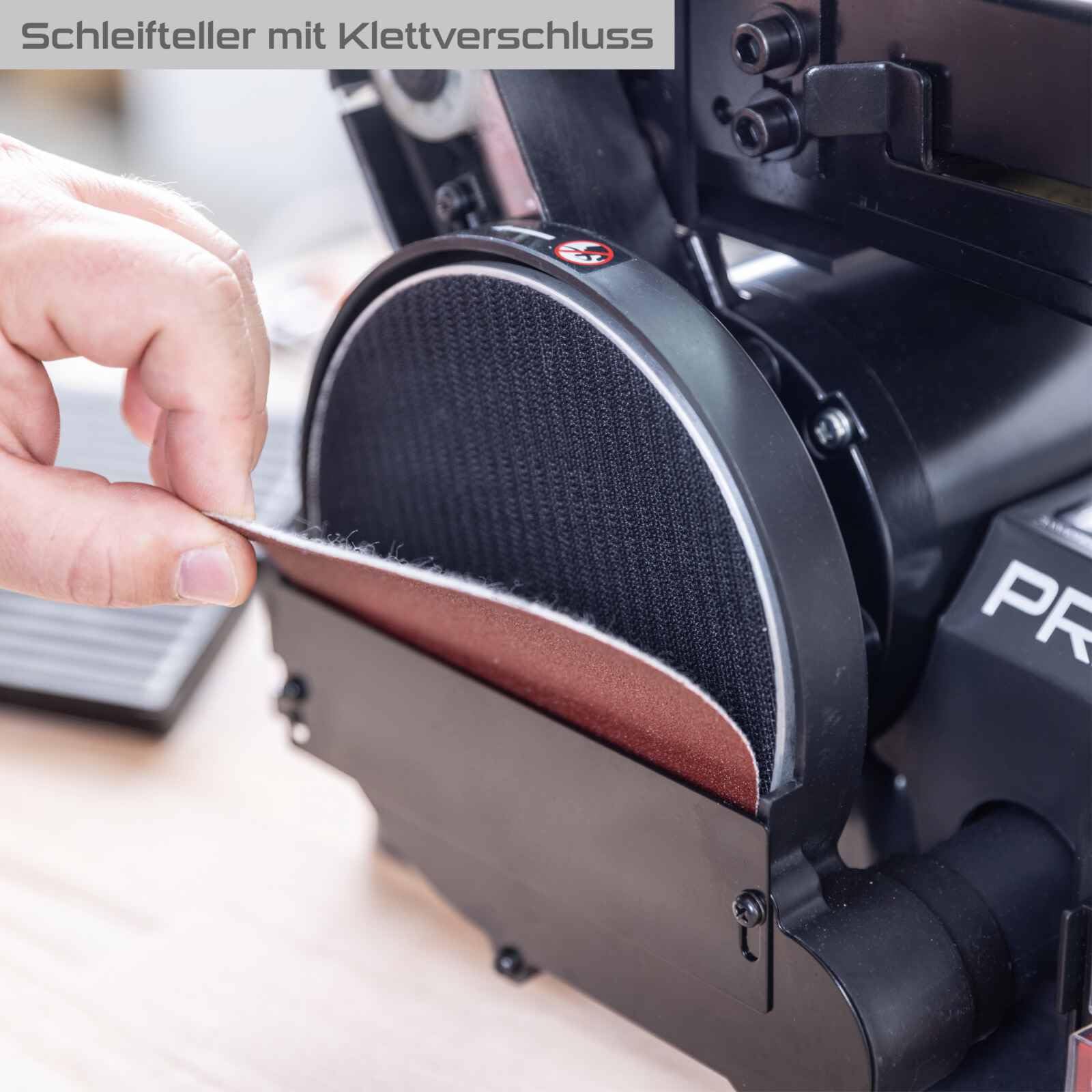 Practixx Band- und Tellerschleifer PX-BTS-370 Bandschleifer | 370W | Ø150mm Schleifteller | Bandlänge 100x915mm | Band-Speed 450m/min | Alu-Tisch & Queranschlag | Schleifmaschine mit 6-tlg Schleifset