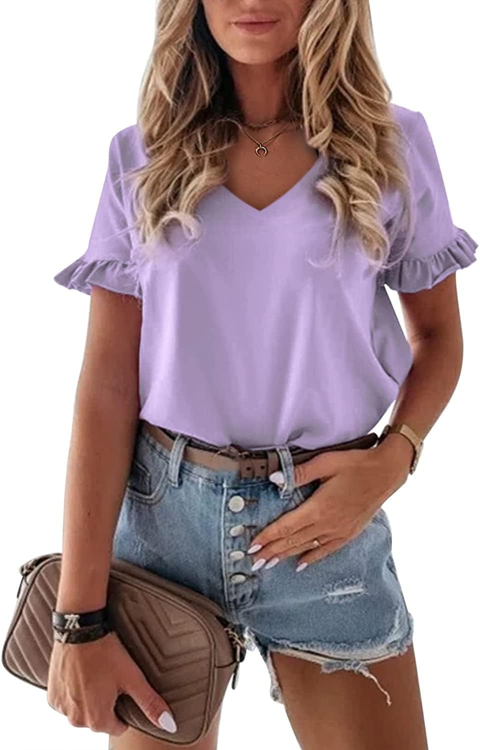 Vircreate Womens Summer Ruffle Plain V Neck T Shirts Short Sleeve Loose Fit Tee Casual Blouse Tunic Tops