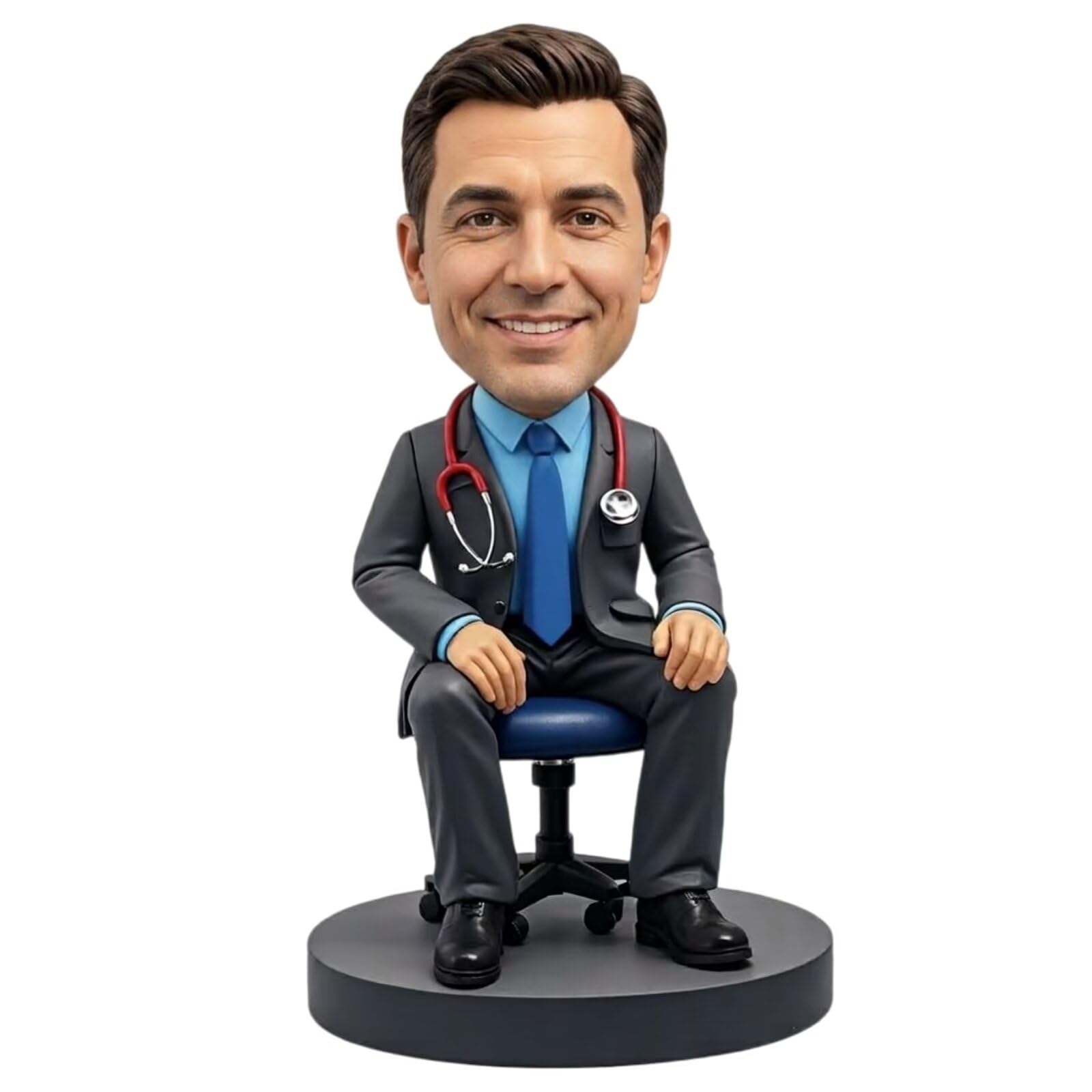Custom Doctor Wackelkopf aus Foto, männliche Figur mit Bürostuhl, personalisierte Schreibtischstatue aus Polymerton für Profis