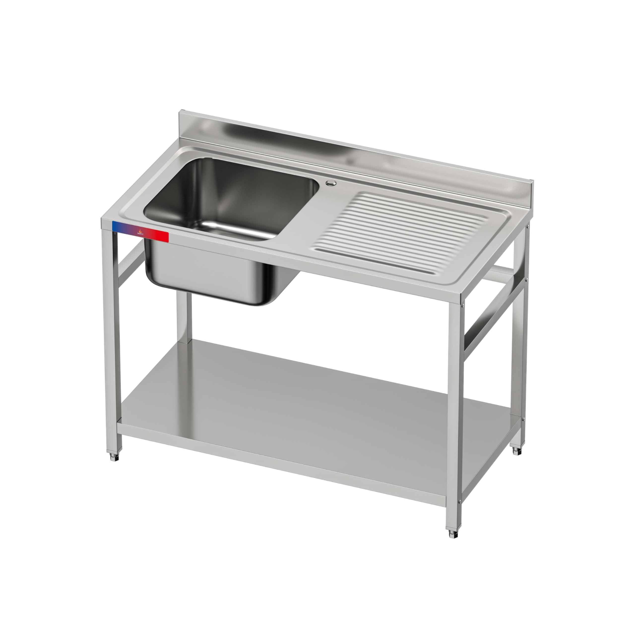 Fregadero Industrial con Balda Acero Inoxidable, 1 Seno con Escurridor, 1200x600x850mm, Barra de Refuerzo y Patas Regulables, Ideal Hostelería y Bares (Izquierda, Grifo monomando codo)