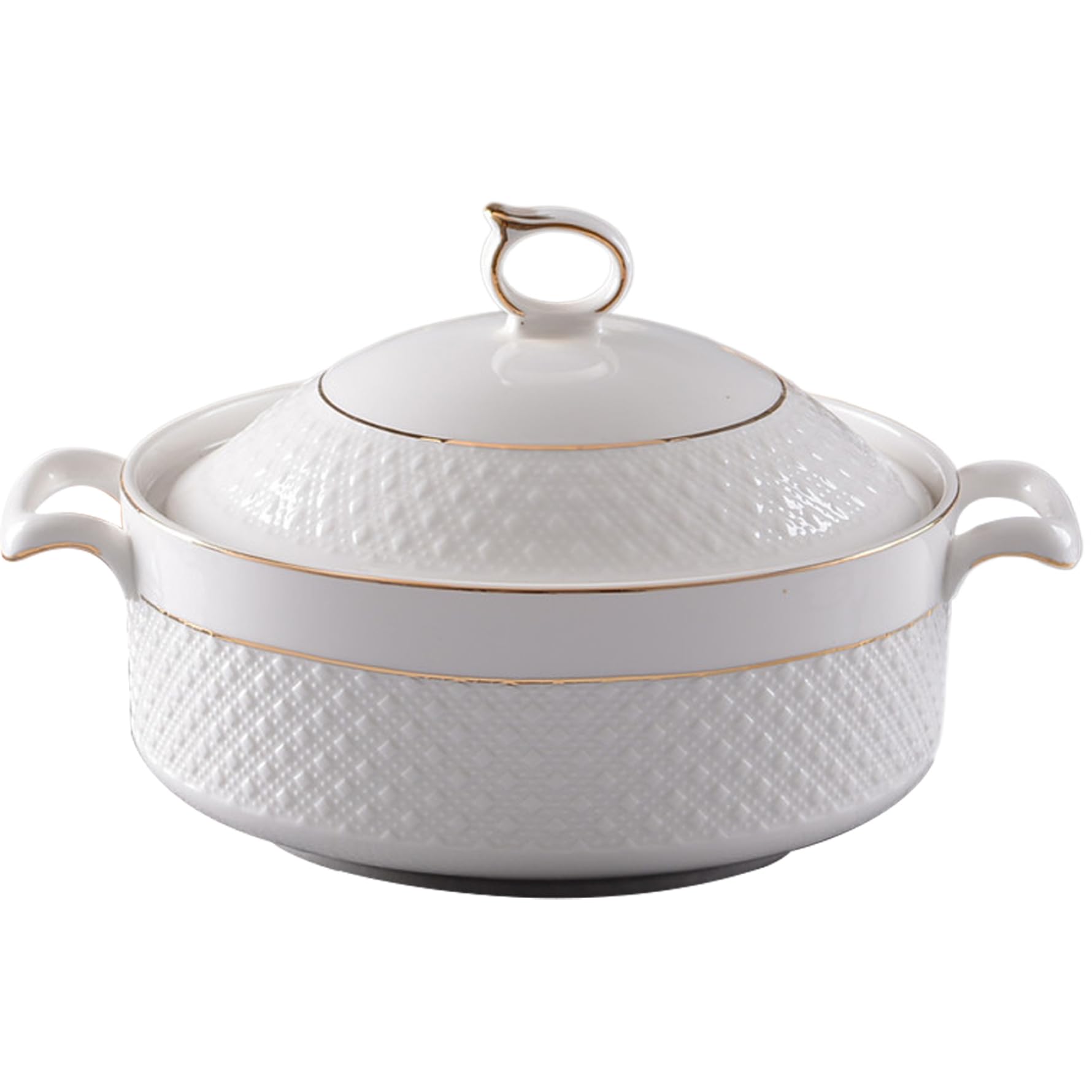 Zuppiera in ceramica bianca da 1, 5 l con bordo dorato, coperchio a doppio manico e mestolo per ciotole da portata per zuppa di pasta e punch