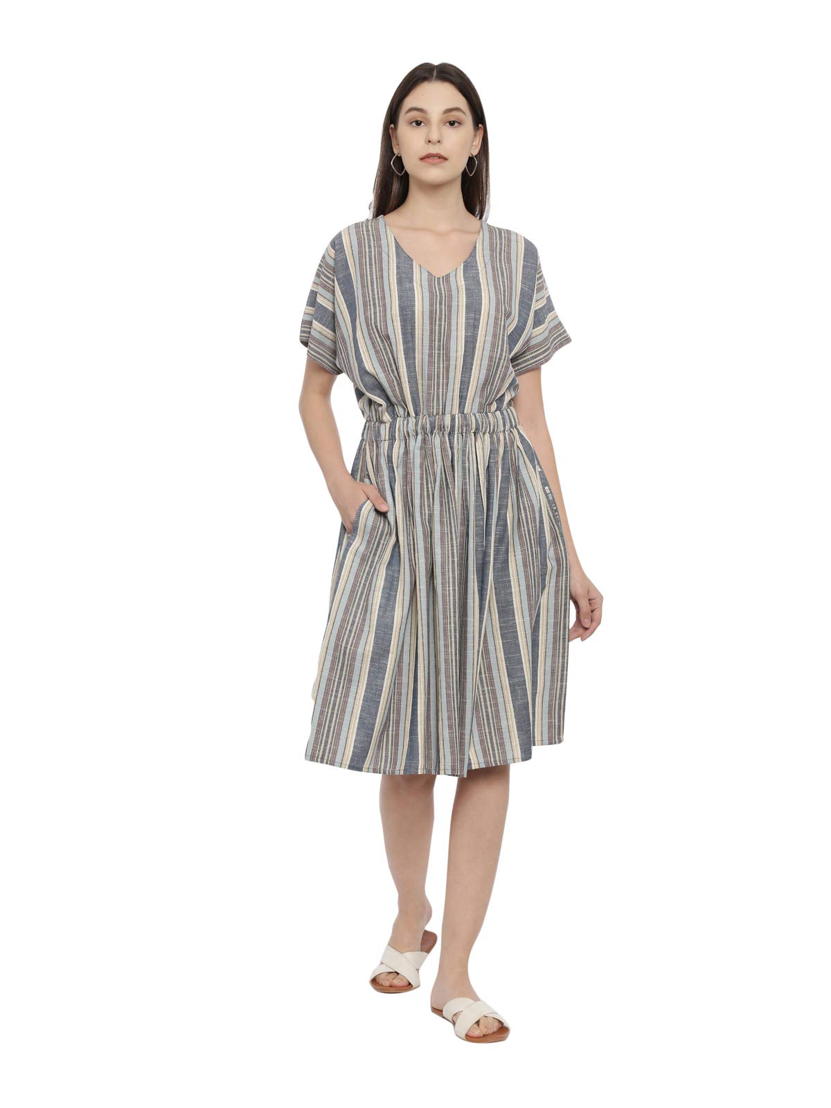 ElleoraWomen Striped V-Neck Elasticated Fit and Flare Dress