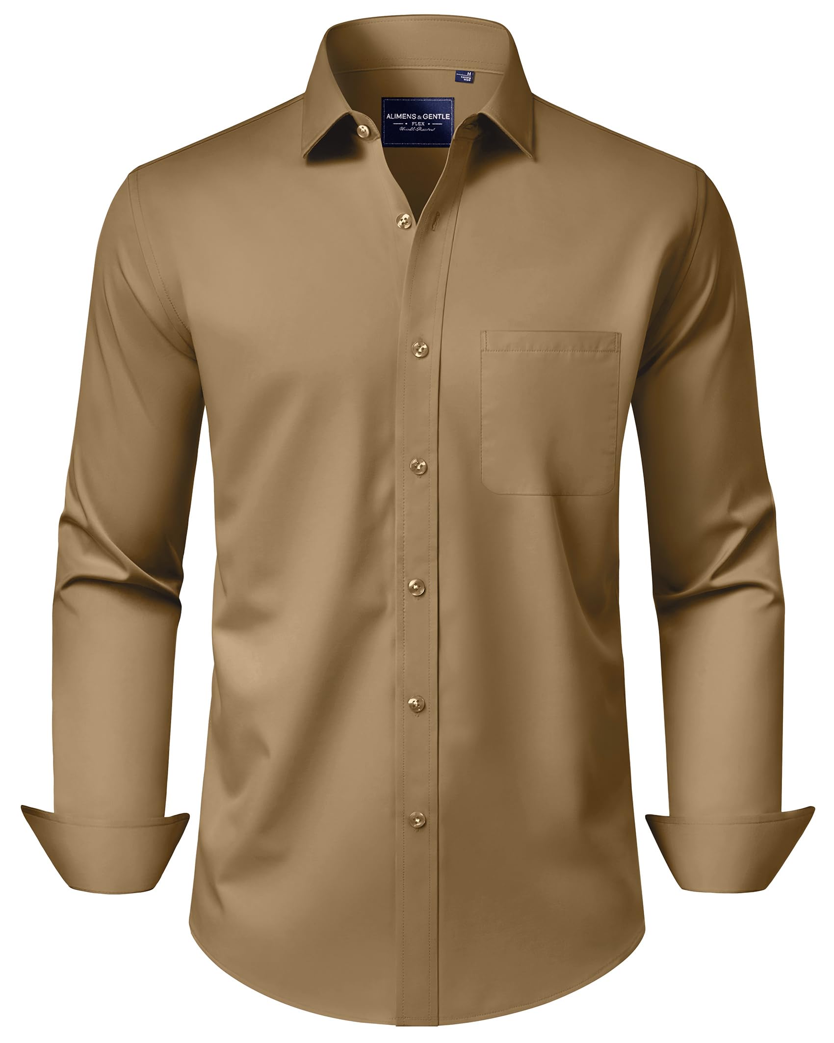 Alimens & Gentle Men's Dress Shirts Long Sleeve Wrinkle-Free Stretch Shirts Solid Formal Button Down Shirt with Pocket, Khaki, XL