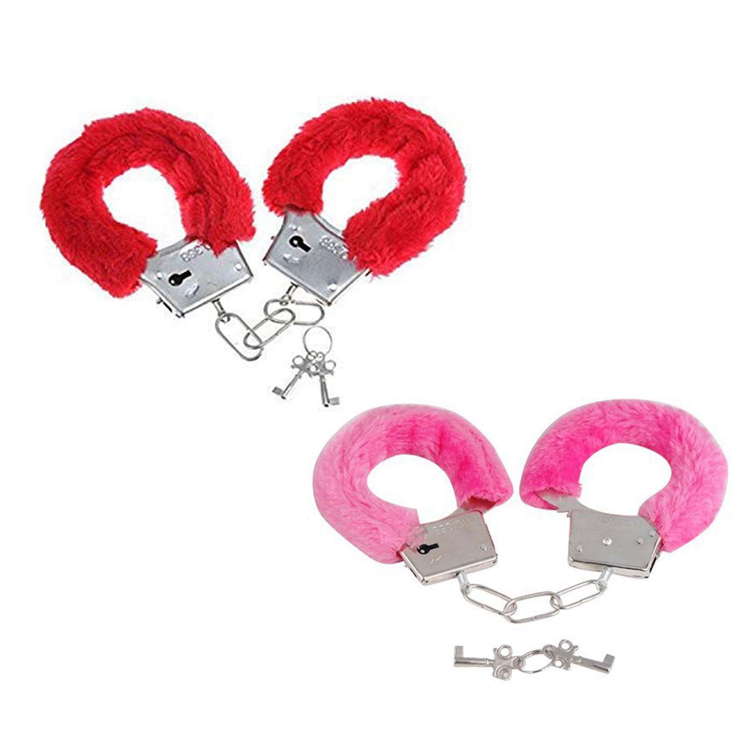 Kaku Fancy Dresses Kid's Hand Cuffs Police Cop Sheriff Officer Handcuff Toy Police Role Play Costume Accessories Metal Fur Handcuffs Toy - Red-Pink, Pack of 2