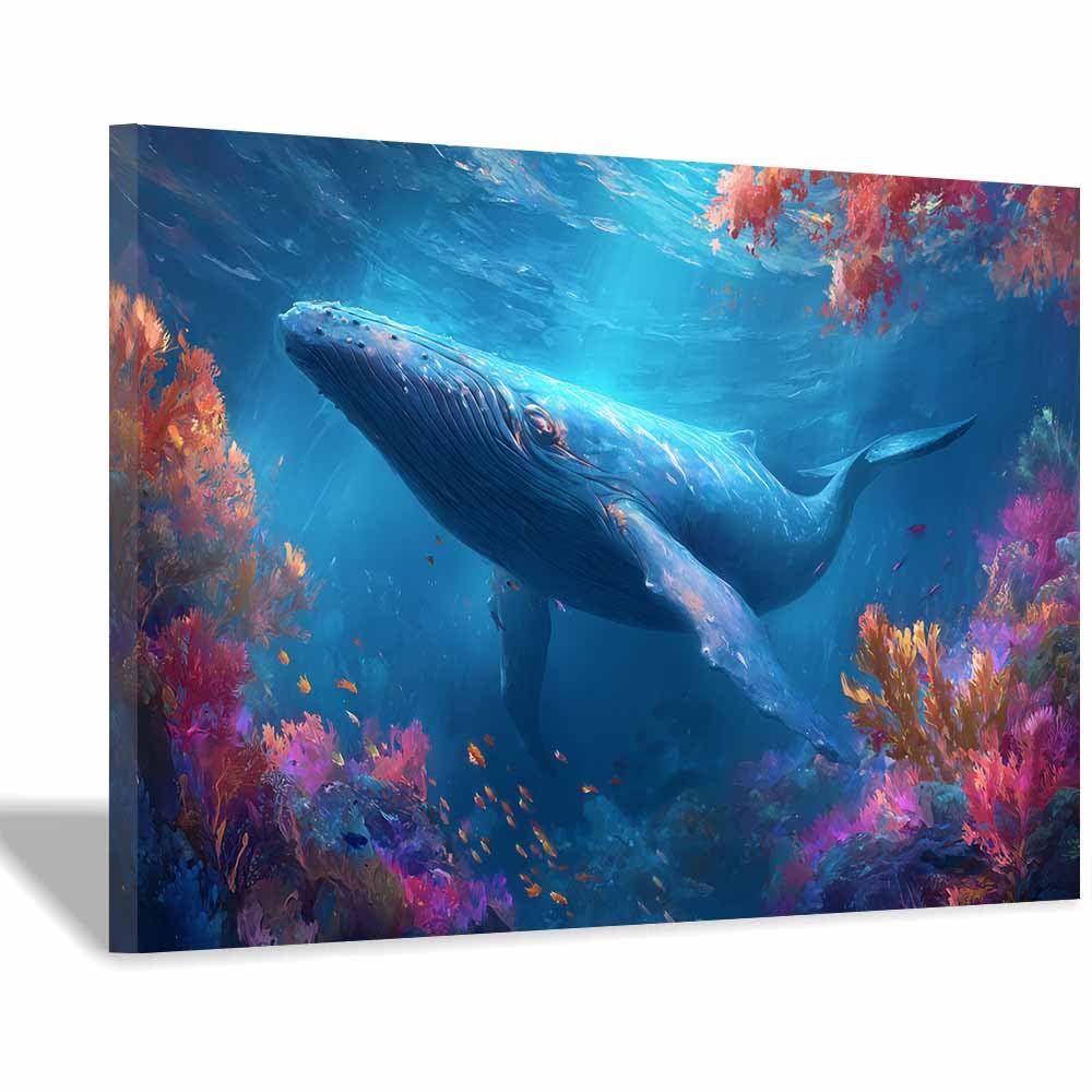 HUYEEI Canvas Wall Art Beachs Whales dive the reefs marine animals Seascape Vintage Artwork for Seaside Livings Room Bedroom Bathroom Decor(blue)-60x90cm Framed