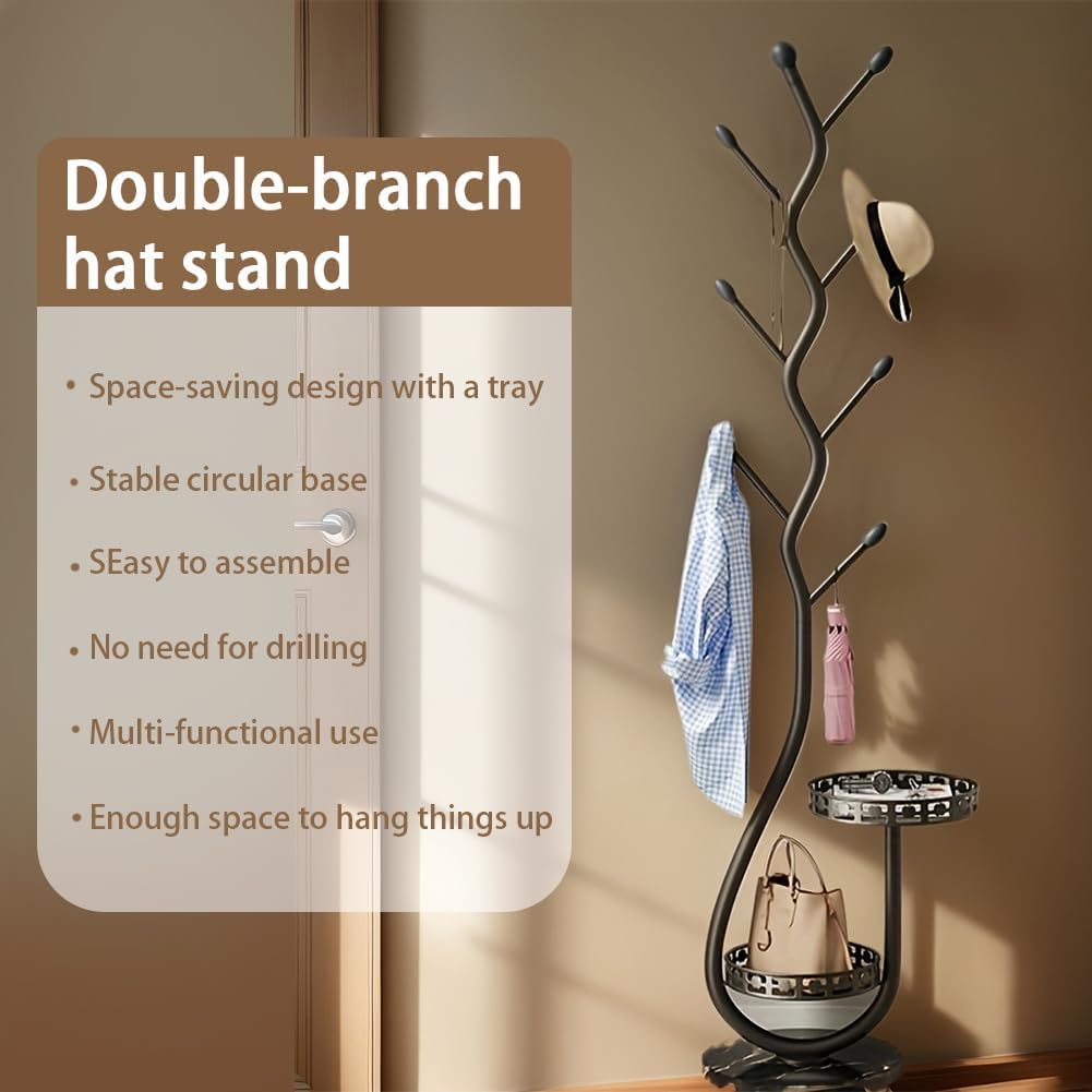 Metal Standing Coat Rack, Small Space Coat Rack Freestanding Hanger Coat Stand with Natural Metal Base & 8 Hooks, Tree-Shaped Coat Rack for Entryway, Hallway, Bedroom, can Hang Clothes, Hats (Black)