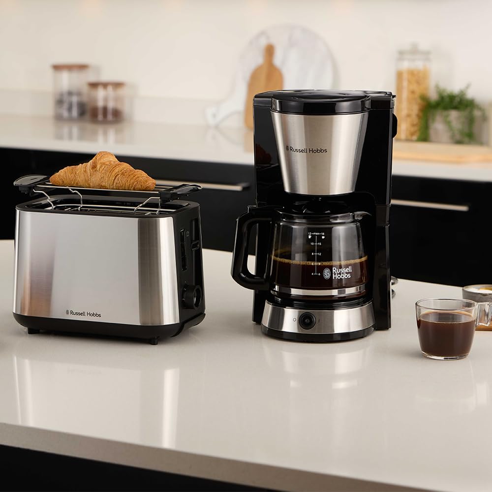 Russell Hobbs Macchina Caffè Americano,1.25 L, 10 Tazze, Filtro Incluso, Mantenimento Caldo 40 min, Funzione Pausa e Versa, Pulsante Brew Now, Illuminazione Blu, Acciaio Inox – Heaton 27400-56