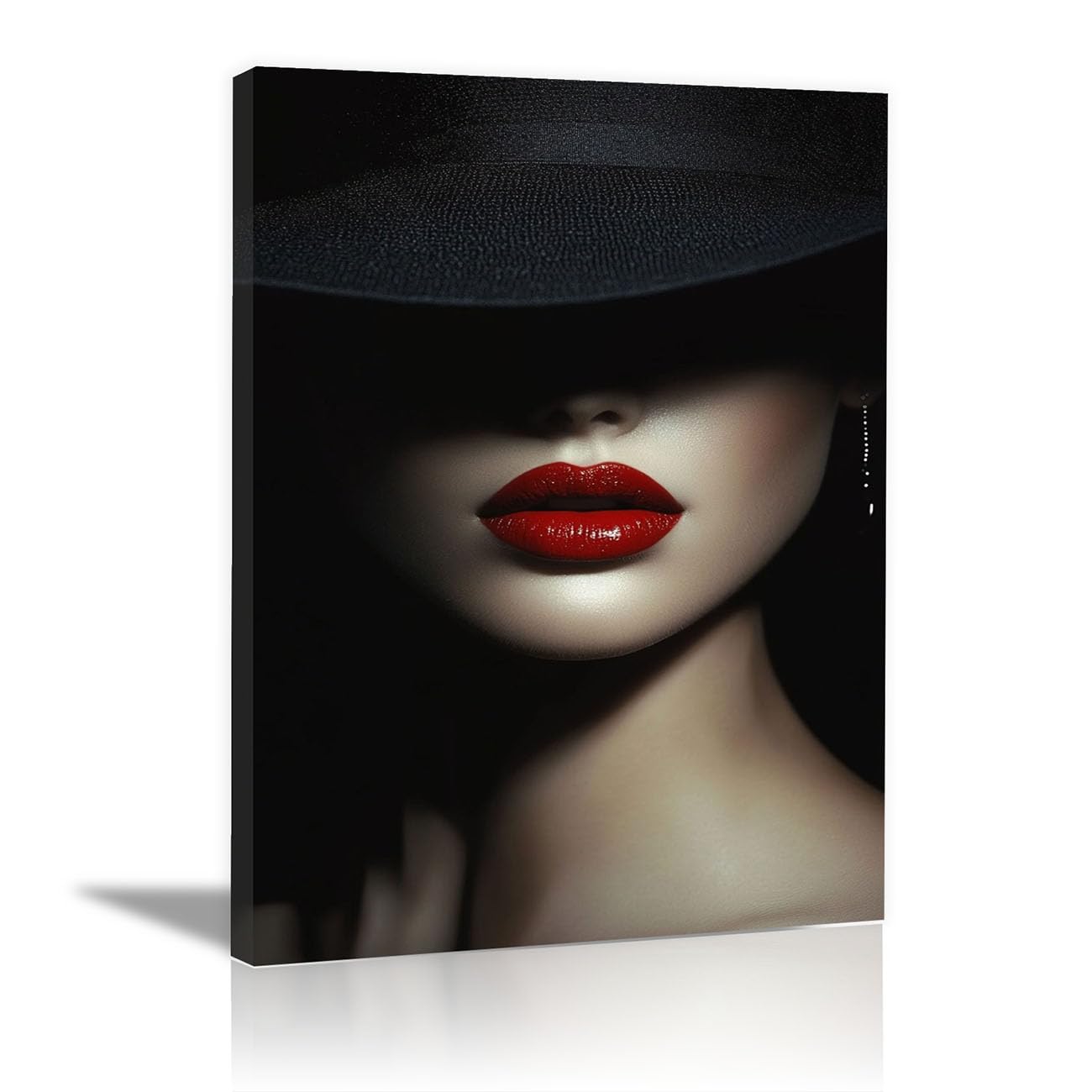 QUSAAOU Black Woman Canvas Wall Lady Red Glossy Lips Hat Close Portrait Graffiti Canvas Art Posters Prints African Woman Modern Picture For Living Room Bedroom Office(black)-80x120cm1 Unframed