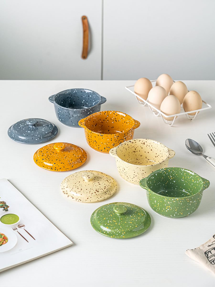 Juego de 4 mini cocotte de cerámica para horno, cacerola pequeña de 9 onzas con asas y tapa, olla individual para servir soufflé, sopa, adoquines, moldes de gres para hornear, color verde