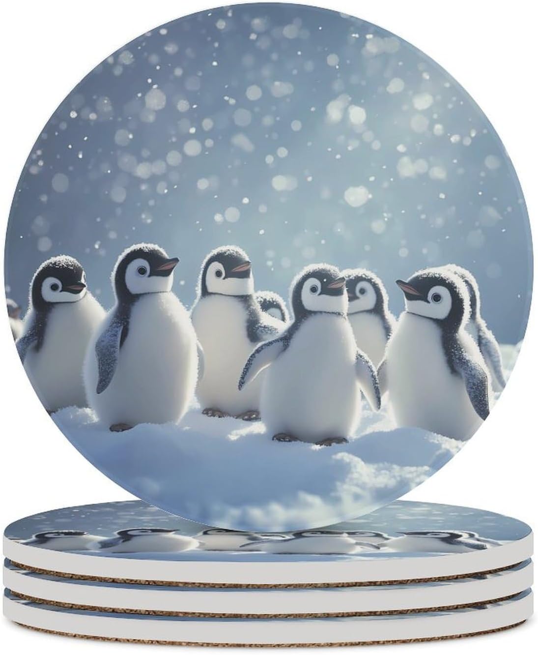 Penguins Snowy Printed Coasters for Drink Round Ceramic Coaster with Cork Base Home Decorative 4PCS