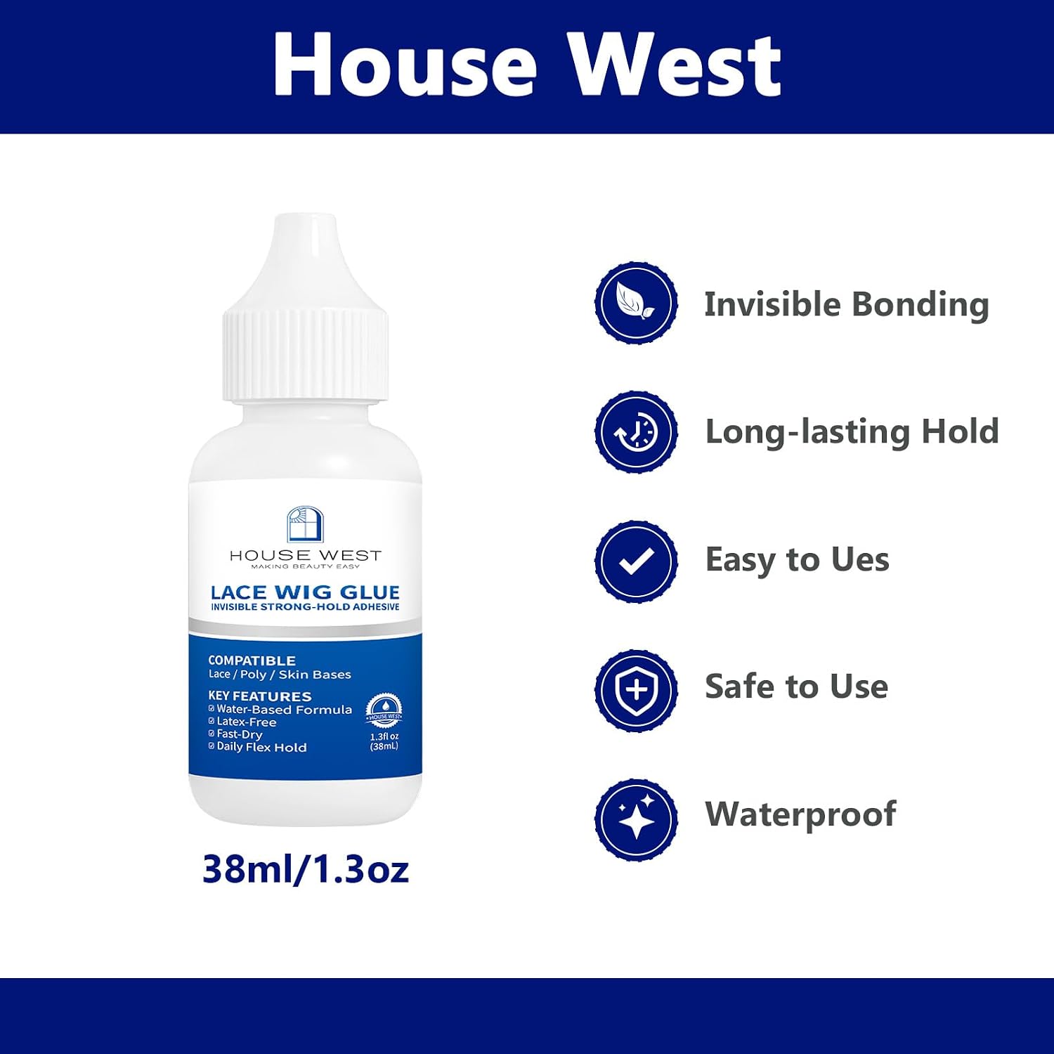 Lace Wig Glue Waterproof Invisible Bonding Adhesive 1.3oz Strong Hold for Lace Wigs Lace Closures Sweatproof Long-Lasting Formula