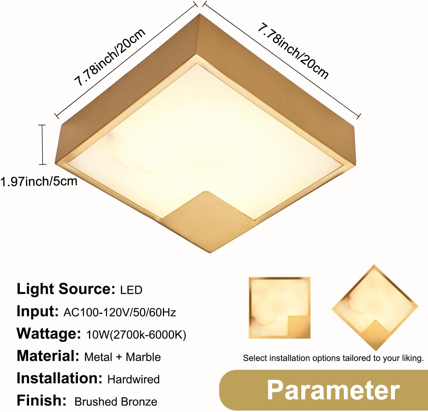 Natural Alabaster Flush Mount Ceiling Light, 2700K/4000K/6000K Dimmable Led Light Fixtures Ceiling Mount 10 inch Square Marble Light Fixture for Bedroom, Kitchen, Laundry Room