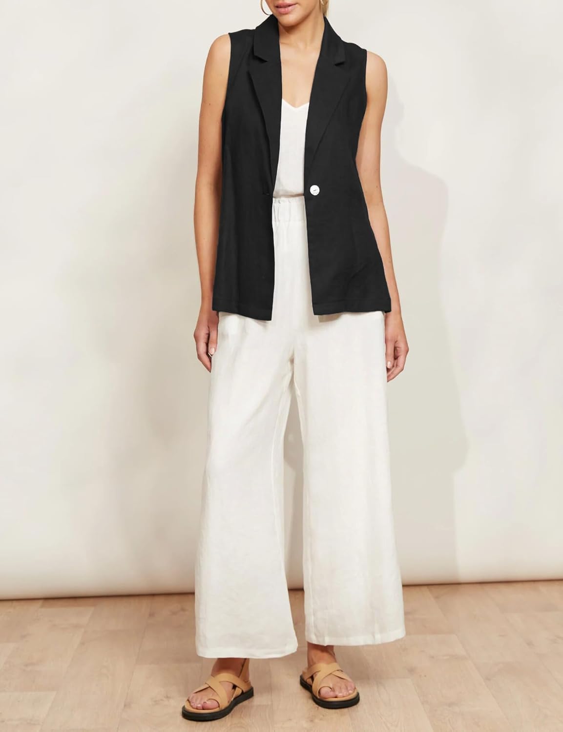 IDEALSANXUN Linen Vest Women Spring Summer Sleeveless Blazer Jackets Casual Lightweight Cardigan Vest Top Waistcoat