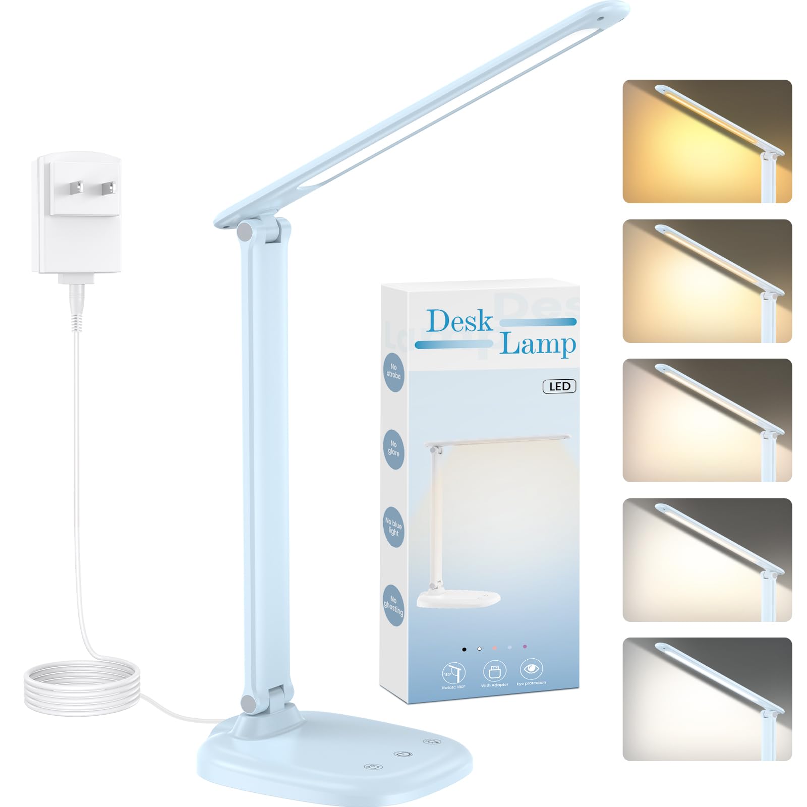 Desk Lamp with Charger, 10%-100% Stepless Dimmable & 5 Color Modes Study Lamp, Touch Control, 30-/60-minute Timer, USB Charging Output Port, CRI≥90