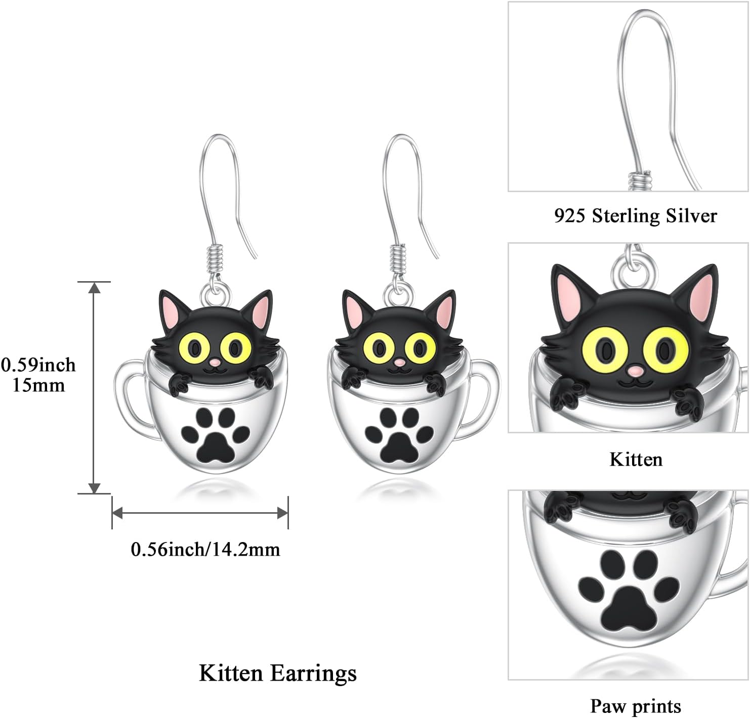 KiiKii Black Cat Earrings for Women 925 Sterling Silver Tea Cup Kitten/Dog/Axolotl/Panda/Sloth Dangle Earrings Animal Jewelry Gifts for Christmas Birthday - Image 6