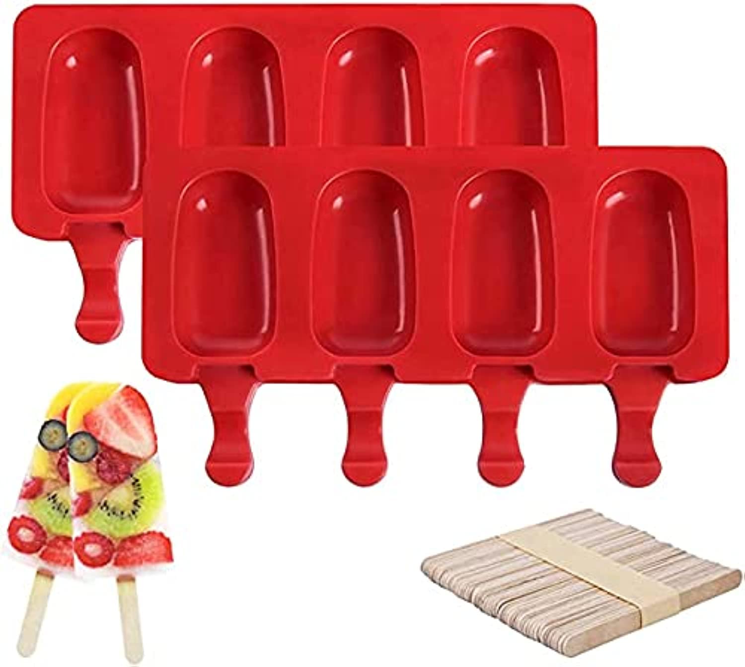 KASTWAVE2 Pack Silicone Popsicle Moulds, Reusable 4 Cavities Homemade Ice Pop Moulds Red Oval, cake pop moulds with 40 Wooden Sticks for DIY Ice Popsicle, Easy Release Ice Pop Moulds