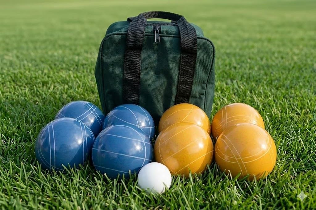 BuyBocceBalls Listing - Made in USA, Premium Quality Tournament Bocce Set - 110mm Blue and Gold Balls, Nylon Green/Black Bag, 998 Grams (2 lbs. 3.2 oz.). Various Bag Colors