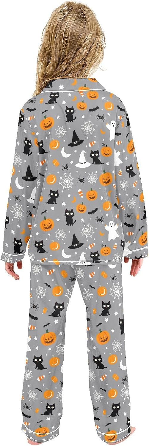 Web Cat Specter Pumpkin Satin Pajama Sets Long Sleeves Nightwear Button Down Sleepwear