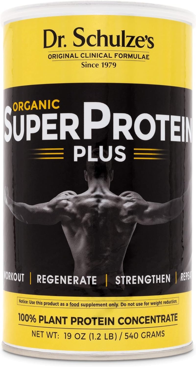 Dr. Schulze'sSuperProtein Plus | 100% Plant Protein Concentrate | Organic Powder Mix | Vitamin B-12 & Spirulina | Dietary Supplement | Build Strong Muscle | Enhance Workout Recovery | 19 Oz.