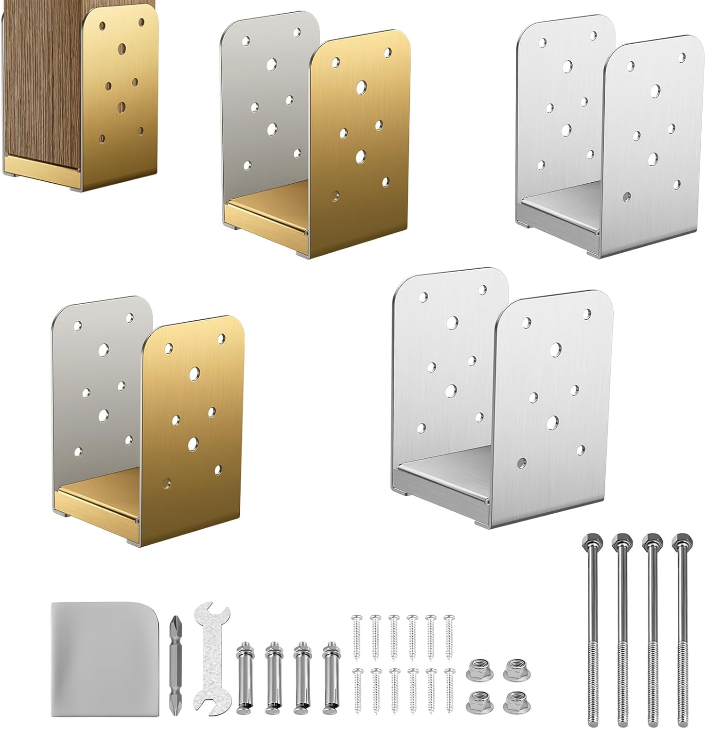 Gold 4x4 Post Base (2-Pack),Silver 4x4 Post Bracket (2-Pack),Stainless Steel Post Anchor, Internal Dimension (3.5 in × 3.5 in) — Standoff for Deck Pergola Patio Gazebo Porch
