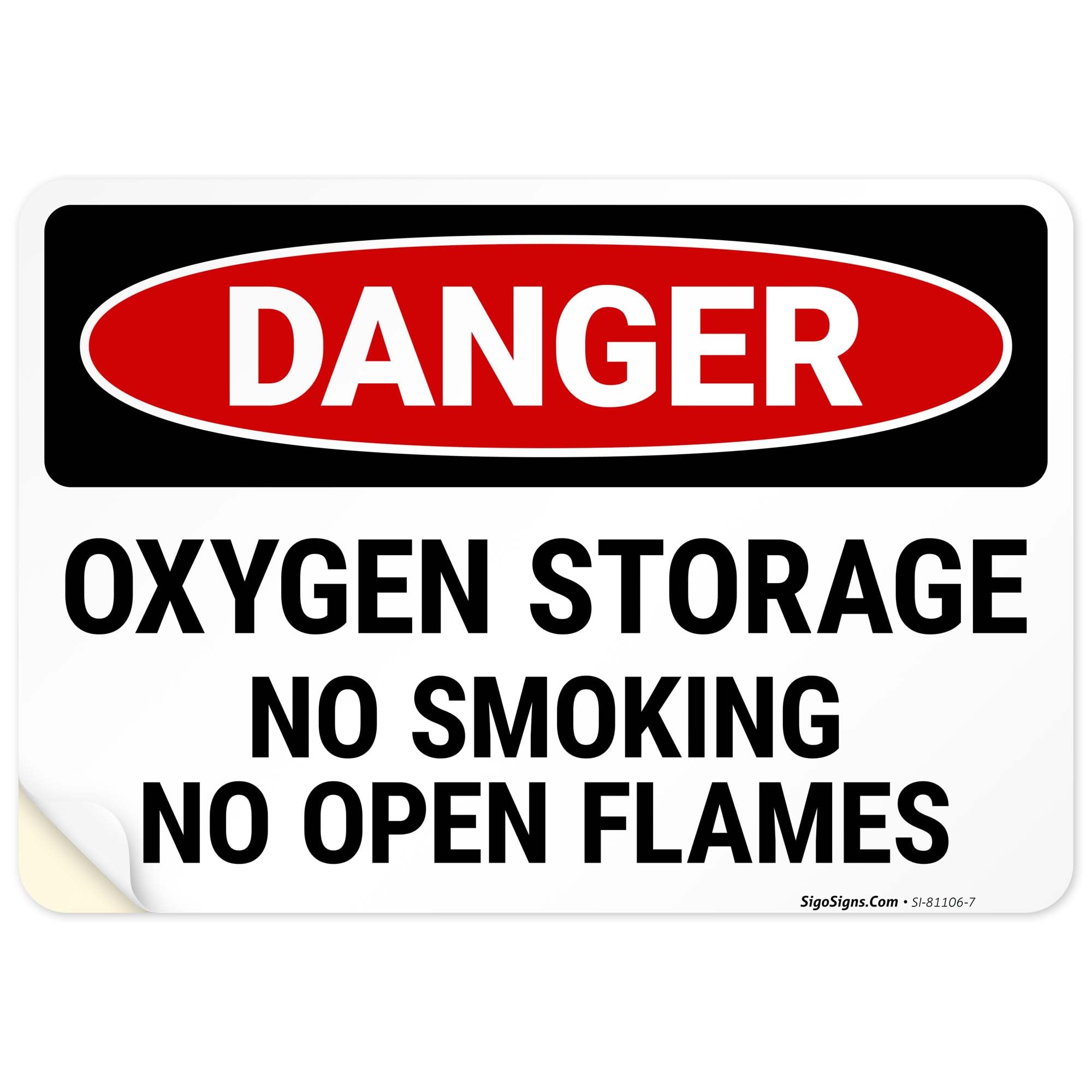 Danger Oxygen Storage No Smoking No Open Flames OSHA Sign, 10x7 Inches, 4 Mil Vinyl Decal Stickers Weather Resistant, Made in USA