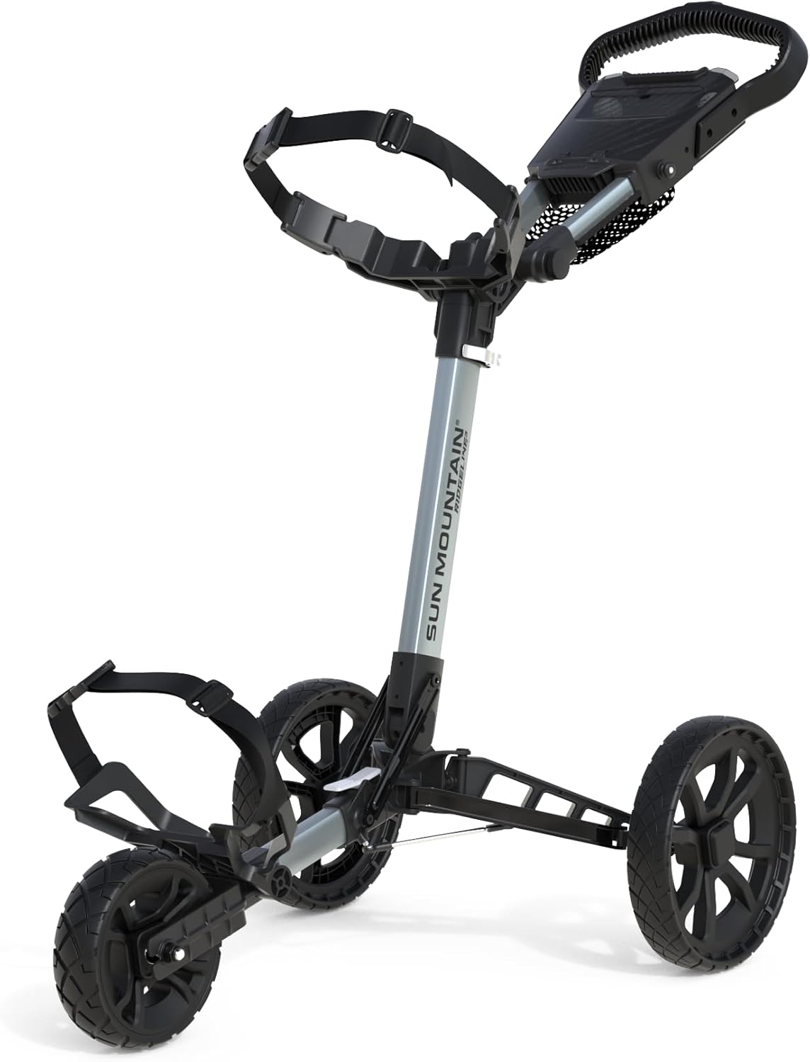 Sun Mountain Ridgeline 3-Wheel Golf Push Cart - Lightweight 18.0 LBS, Maintenance-Free Wheels, Compact Storage System, Silver