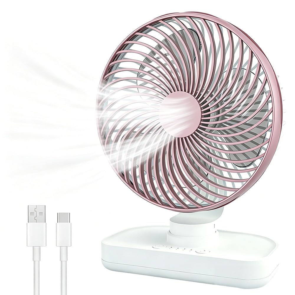 USB Desk Fan, 6.5'' Auto Oscillating Table Fan, 4000mAh Rechargeable Fan, 4 Speeds, Powerful Cooling, Ultra Quiet Small Desktop Fans, Air Circulator for Bedroom Bedside Office Outdoor (Rose Gold)