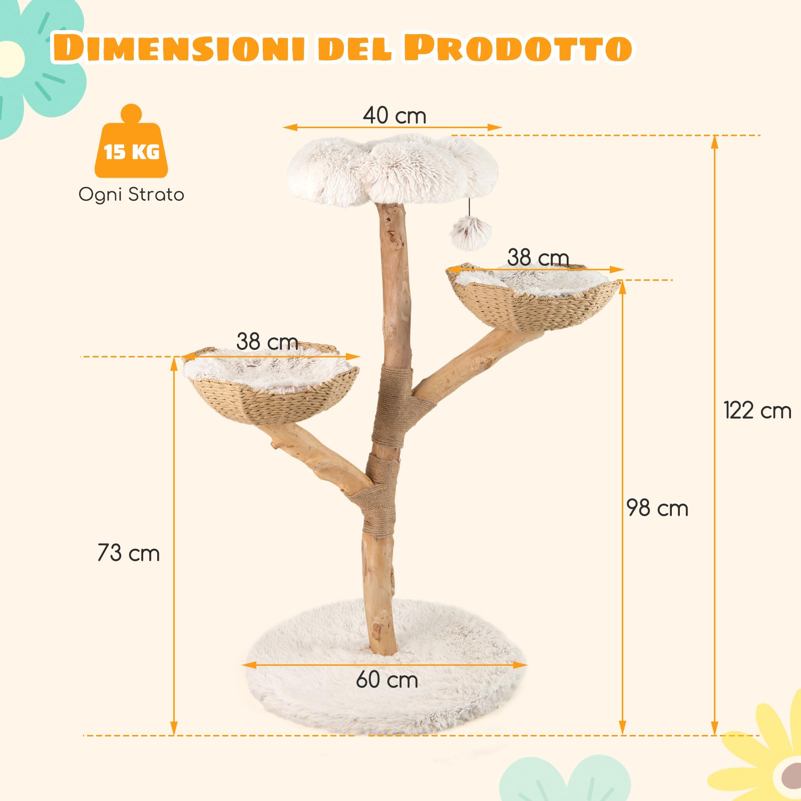 COSTWAY Albero per Gatti, Tiragraffi per Gattini Alta 122 cm con Ramo in Legno con Piattaforma a Fiore, 2 Cesti in Rattan, Pali Tiragraffi in Juta e Pallina Pendente, Mobile per Gatti da Interno